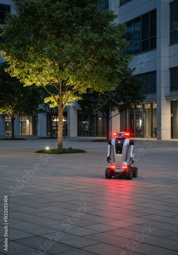 Red Security robot patrolling on an urban street with traffic and people traveling in the city park