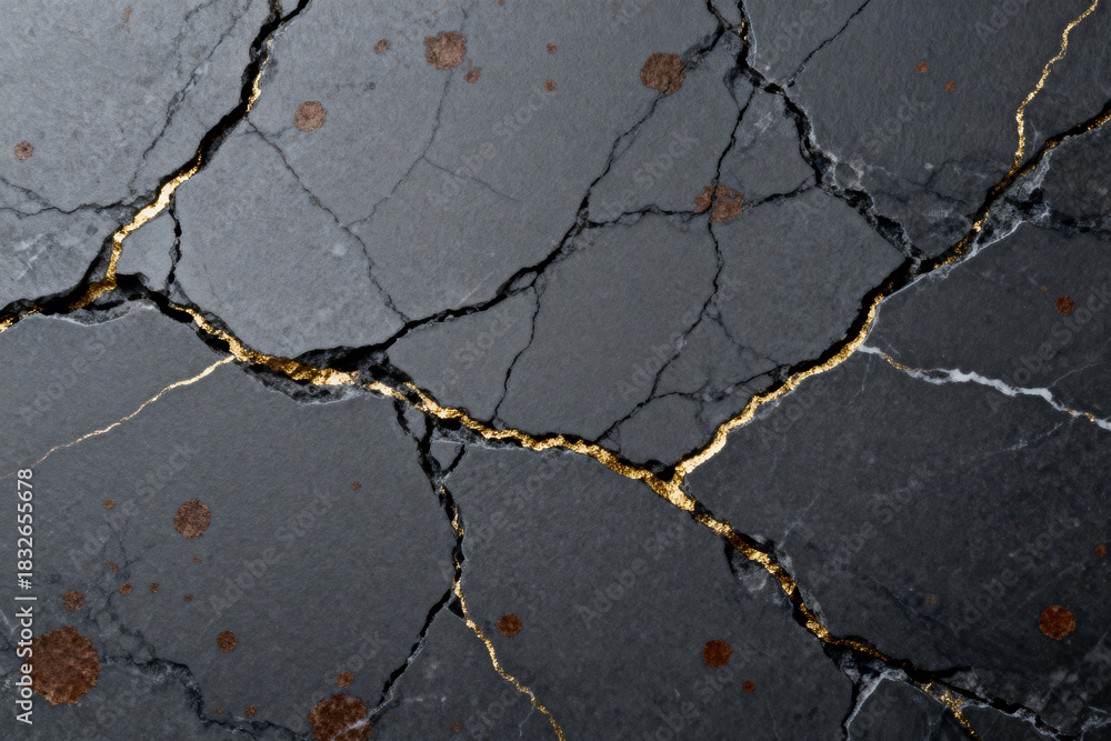 Obraz premium Dark Marble Texture, Cracked Surface, Gold Accents, Abstract Design, Rustic Style, Natural Pattern