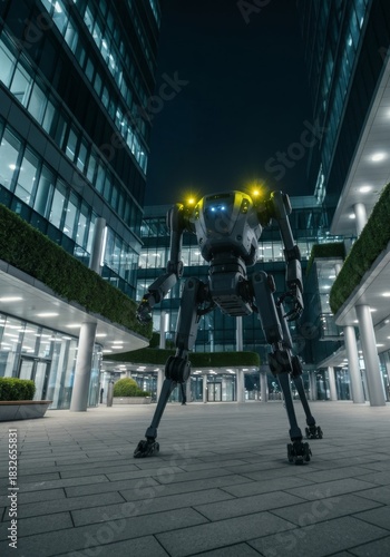 Security robot patrolling walking in the modern city  corporate plaza terminal architecture for urban business travel