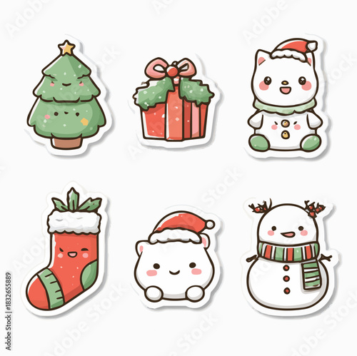 Vector illustration cute doodle style Christmas sticker set