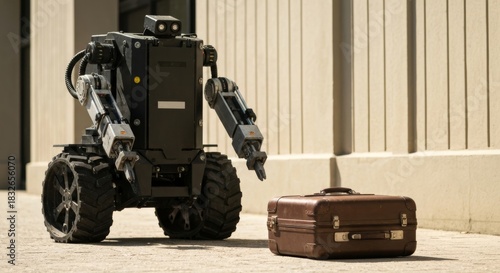 Bomb disposal robot approaching suspicious device