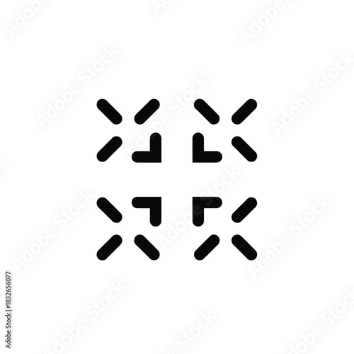 Minimalist black and white icon design featuring four symmetrical corner elements, representing an abstract concept of focus, connection, or technology