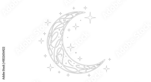 Elegant line art illustration of a crescent moon surrounded by twinkling stars with intricate