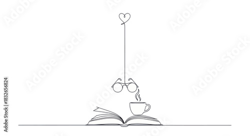 Whimsical line art illustration of a heart-shaped balloon, sunglasses, and a steaming coffee cup