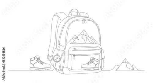 Minimalist Line Drawing of Hiking Backpack with Mountain and Shoe Illustration