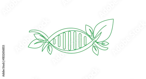 Minimalist Green Line DNA Spiral with Leaf Accents Symbolizing Genetics and Nature