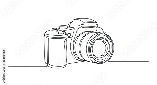 Minimalist Line Drawing of a DSLR Camera with a Lens on a Plain Background