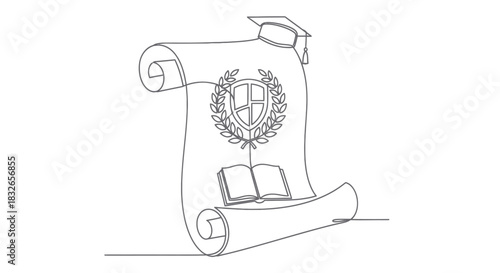 Minimalist educational emblem on a scroll background featuring a shield and open book