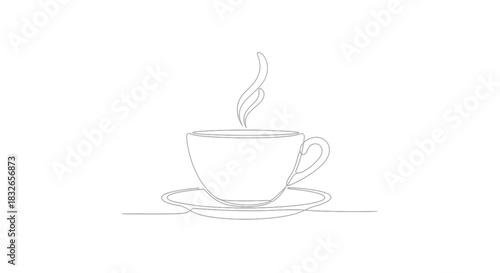 Minimalist Line Drawing of a Hot Coffee Cup and Saucer with Steam Rising Abstract Illustration