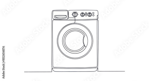 Minimalist line drawing of a modern front-loading washing machine with detailed control panel