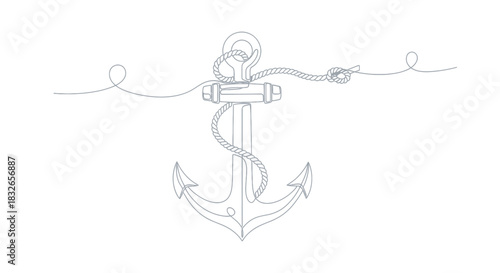 Minimalist Line Drawing of Nautical Anchor with Rope and Buddying Marine Safety Equipment