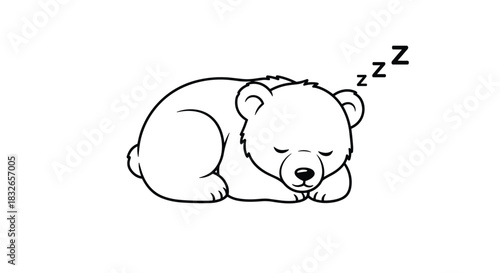 Cute baby bear cub sleeping peacefully, illustrated as a simple black and white line art drawing perfect for a children's coloring page.