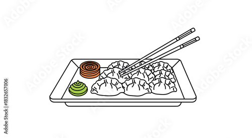 Minimalist line art illustration of a plate of Japanese gyoza dumplings with chopsticks and dipping sauces, isolated on a white background.