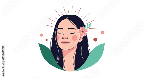 Serene woman with closed eyes and a flower in her hair, surrounded by leaves in a peaceful illustration of mindfulness and self-care.