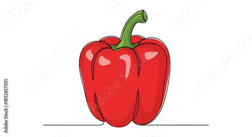 Continuous one-line drawing of a whole red bell pepper, illustrating a minimalist and modern approach to fresh vegetable art.