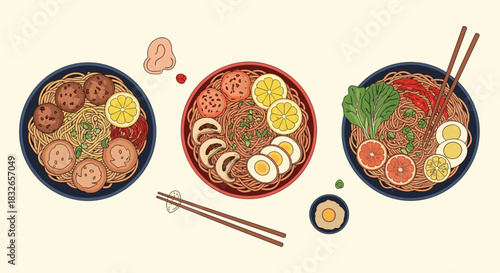 Top-down illustration of three different bowls of delicious Asian ramen noodles with various toppings like eggs, meatballs, and citrus slices.