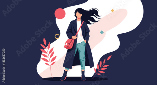 Stylish young woman in a long coat and boots posing confidently against a dark background with abstract shapes and foliage.