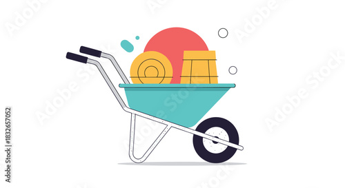 Modern flat illustration of a garden wheelbarrow filled with abstract representations of a hay bale and a wooden crate against a white background.