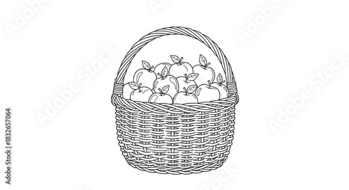 Classic black and white line drawing of a traditional wicker basket filled to the brim with freshly picked apples for coloring or design.