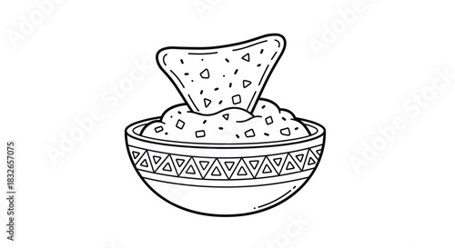 Hand-drawn line art of a single tortilla chip being dipped into a bowl of guacamole or salsa, perfect for Mexican food themes.