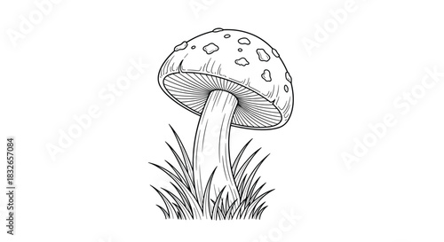 Detailed black and white line drawing of a wild mushroom with a spotted cap, growing in a patch of grass in a classic engraved illustration style.