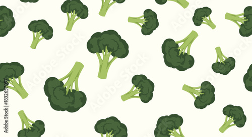 Seamless repeating pattern of fresh green broccoli florets scattered across a light cream-colored background for healthy food-themed designs.