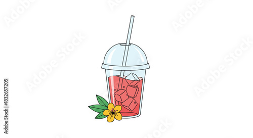Refreshing pink summer iced drink in a plastic to-go cup, garnished with a yellow flower and green leaves, illustrated in a cute, simple style.