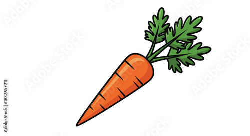 Brightly colored cartoon illustration of a single orange carrot with lush green leafy tops, isolated on a clean white background.