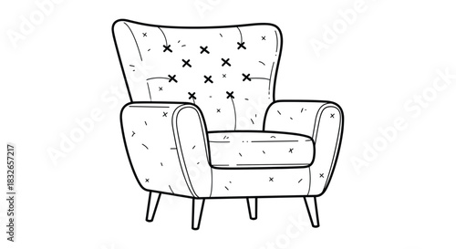 Cozy tufted wingback armchair with wooden legs, hand-drawn in a simple and charming black and white line art style for interior design concepts.