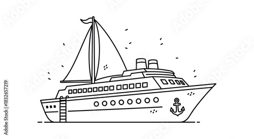 Minimalist line art illustration of a large cruise ship or ocean liner with a sail, an anchor, and simple details.