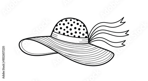 Stylish black and white line art of a ladies wide-brimmed sun hat decorated with a polka dot band and flowing ribbons.