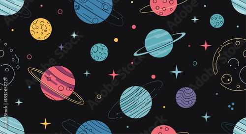 Whimsical seamless pattern of colorful cartoon planets, stars, and celestial bodies on a dark background for a space theme.