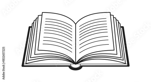 Simple black and white line art icon of an open book with visible pages and text lines, representing reading and knowledge.