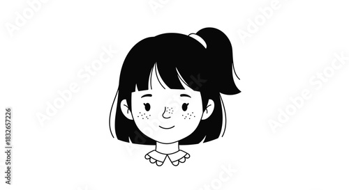 Simple and cute black and white illustration of a young girl's face with freckles, bangs, and a ponytail in a doodle style.