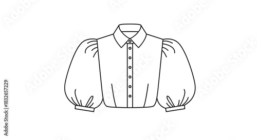 Minimalist black and white line art of a stylish blouse with a collar, buttons, and dramatic puffed bishop sleeves.