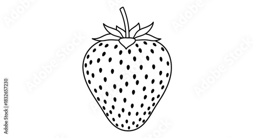 Simple and clean black and white outline of a single strawberry with seeds and a leafy stem, ideal for a coloring page.
