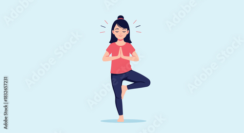 Cartoon illustration of a serene young woman practicing yoga in the tree pose, promoting mindfulness, balance, and well-being.