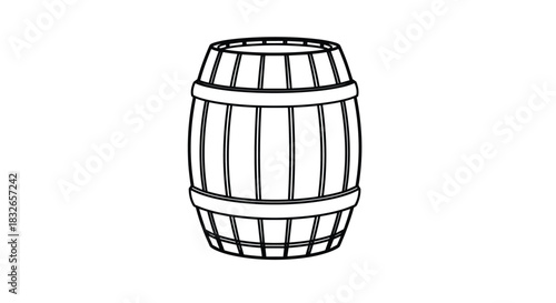 Simple black and white line art illustration of a classic wooden barrel with metal hoops, suitable for a coloring page or icon.