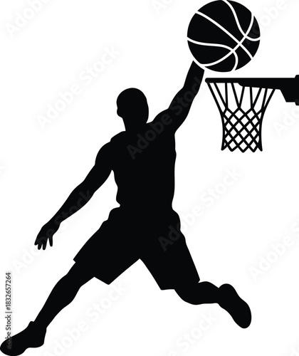 Silhouette of basketball player jumping to score with ball and basket vector
