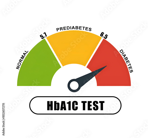 HbA1C test level indicator meter showing normal, prediabetes, and diabetes ranges