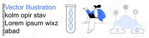 Biotechnology, cloud storage, digital connectivity, DNA analysis, remote work, innovation. Person using laptop, DNA strand and cloud storage icons. Biotechnology and cloud storage visualization
