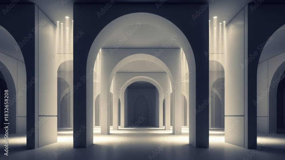 Fototapeta premium An abstract corporate hall with soft light rays and symmetrical geometry