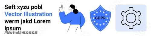 Person gesturing, labeled shield with GDPR, and gear symbol. Ideal for data protection, privacy, compliance, technology, regulation, cyber security simple landing page