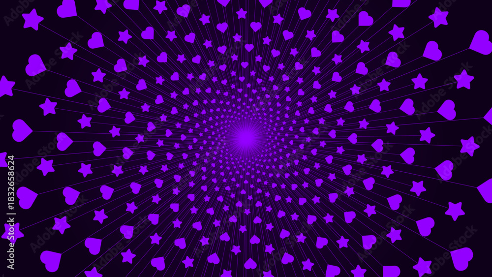 Obraz premium An abstract radial burst background featuring repeating purple heart and star shapes arranged in a symmetrical outward pattern