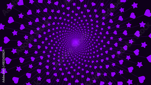 An abstract radial burst background featuring repeating purple heart and star shapes arranged in a symmetrical outward pattern