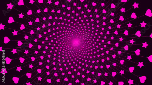 An abstract radial burst background featuring repeating magenta heart and star shapes arranged in a symmetrical outward pattern