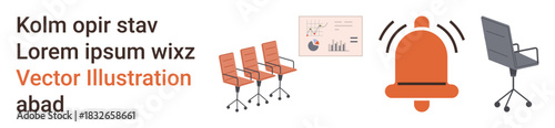Office life, workflow efficiency, corporate communication, business alerts, teamwork, modern workspace. Image of office chairs, alert bell and business report. Office life and workflow efficiency