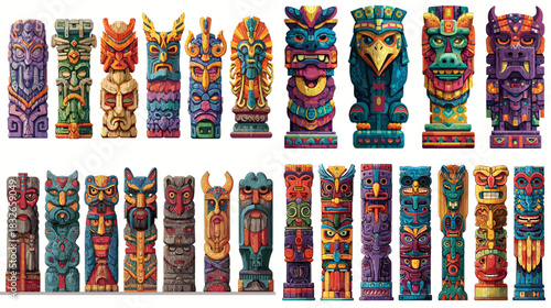 Vibrant totem pole carvings with expressive faces and cultural motifs, featuring bold colors and detailed wood textures inspired by traditional tribal artwork.