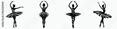 Silhouette ballet dancers performing different poses in black and white