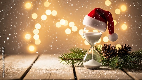 Christmas hourglass with Santa hat, pine, and falling snow against bokeh lights